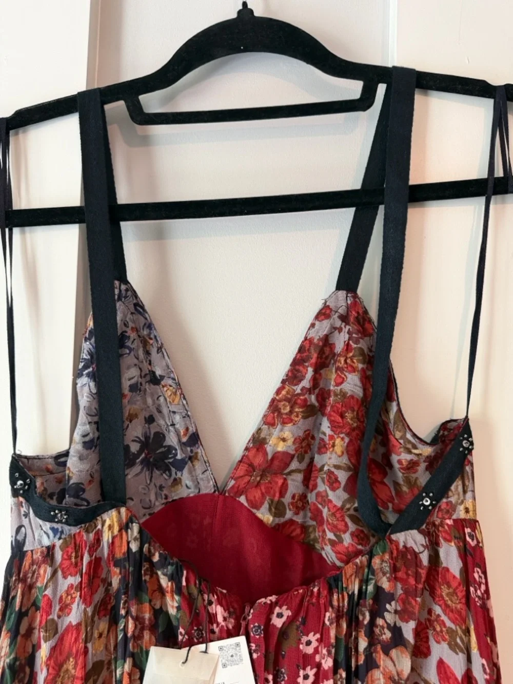 Zara Red Floral Pleated Maxi Dress with Black Trim - Picture 6 of 6